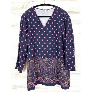Talbots Womens L Blue Pink Long Sleeve V Neck Casual Top Boho Paisley Floral